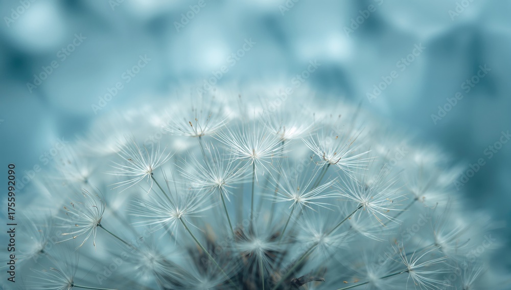 Fototapeta premium Close-up of dandelion seeds in a serene blue atmosphere