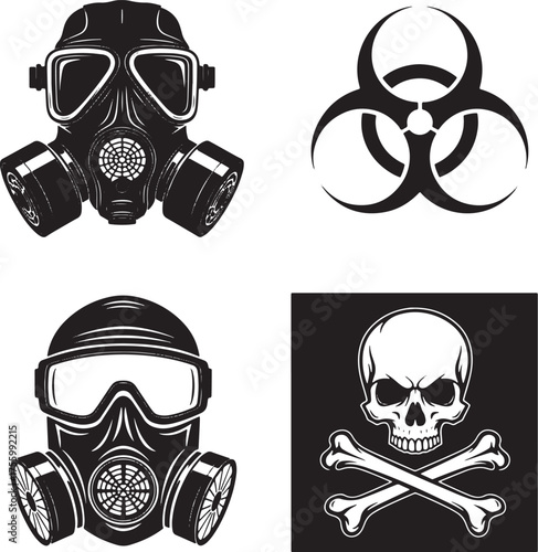 Set of gas masks, biohazard symbol, and skull with crossbones.