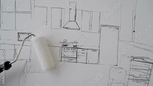 Kitchen renovation concept with roller painting over a hand drawn design