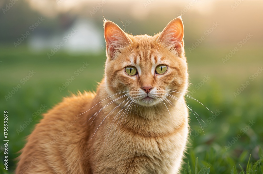 Fototapeta premium Mature orange feline in rural landscape