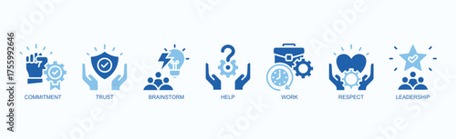 Strong Teamwork And Leadership Icon Set Isolated Vector Illustration Concept With Icon Of Commitment, Trust, Brainstorm, Help, Work, Respect, Leadership In Two Color Glyph Style