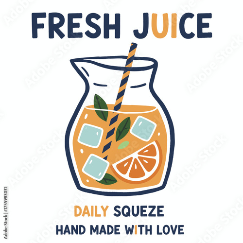 Summer Juice Pitcher Art. Refresh Your Day Slogan. Hand Drawn Fruit Drink Doodle. Lemon and Orange Infused Water. Healthy Beverage Illustration.