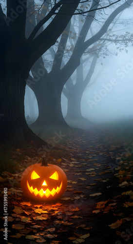 Glowing Jack O' Lantern on Foggy Autumn Path