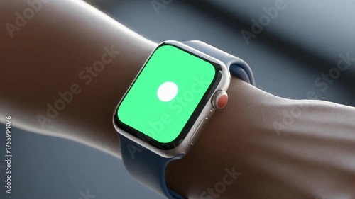 Smartwatch on wrist with green screen display for easy customization work
