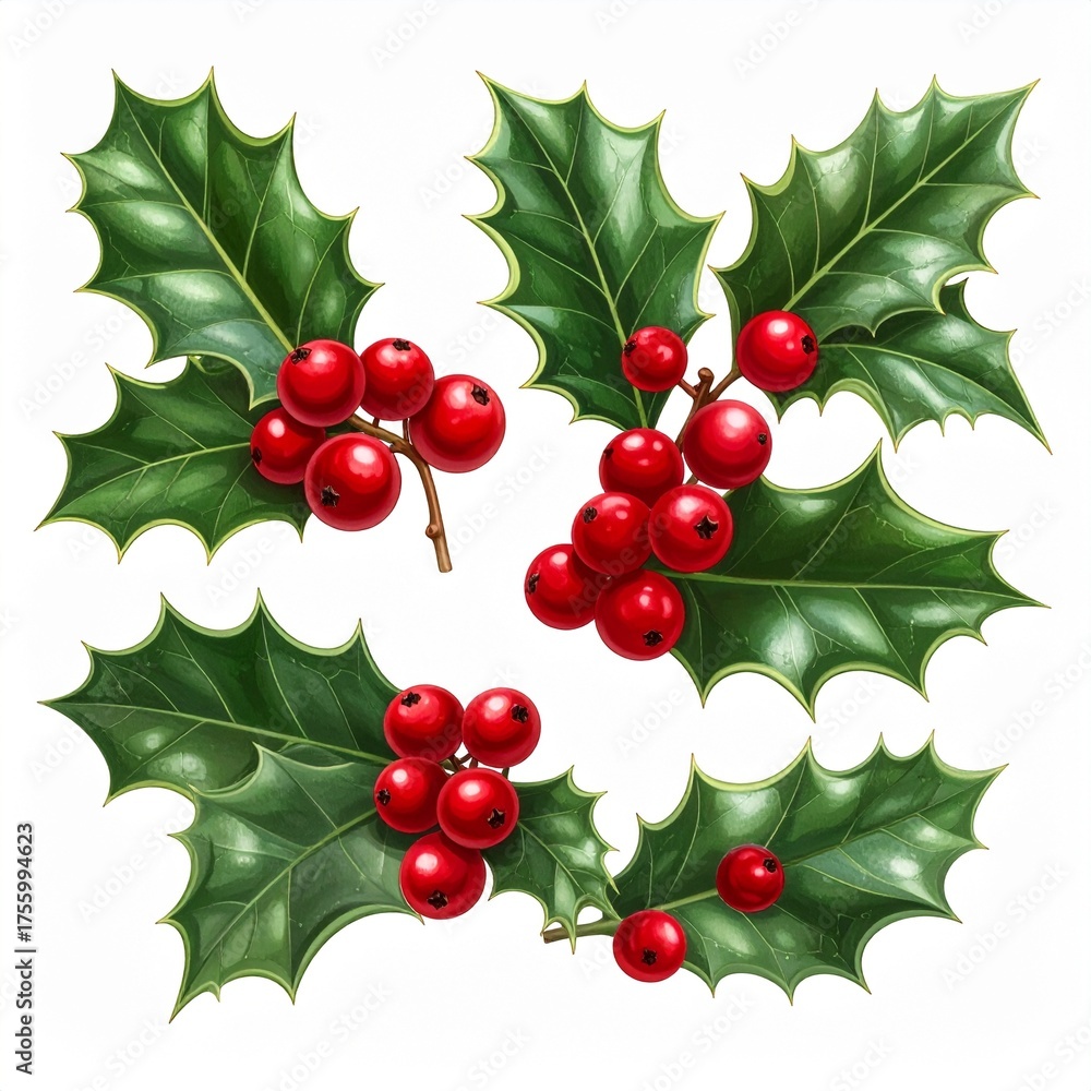 Fototapeta premium A beautifully illustrated collection of festive holly sprigs with vibrant red berries, isolated on a white background for Christmas holiday designs