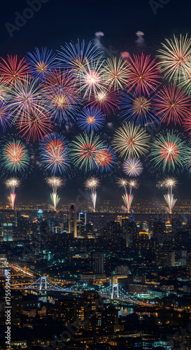 Fireworks Display Over City Skyline at Night Celebration