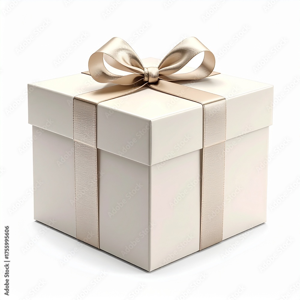 Fototapeta premium Elegant cream gift box, beautifully wrapped with a golden ribbon and a graceful bow, symbolizing joy, celebration, and thoughtful surprises for special moments