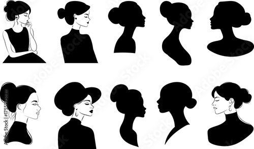 Set of women portrait silhouettes, vector