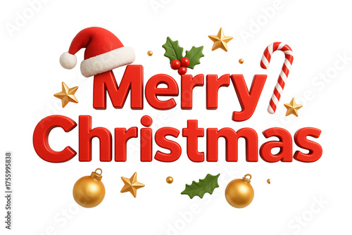 “Merry Christmas” text with Santa hat and candy cane. Christmas. Festivity.