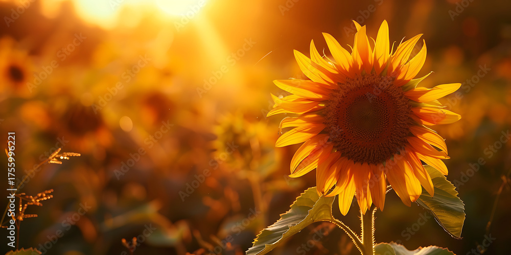 Naklejka premium Golden sunflower field at sunset, summer bloom beauty