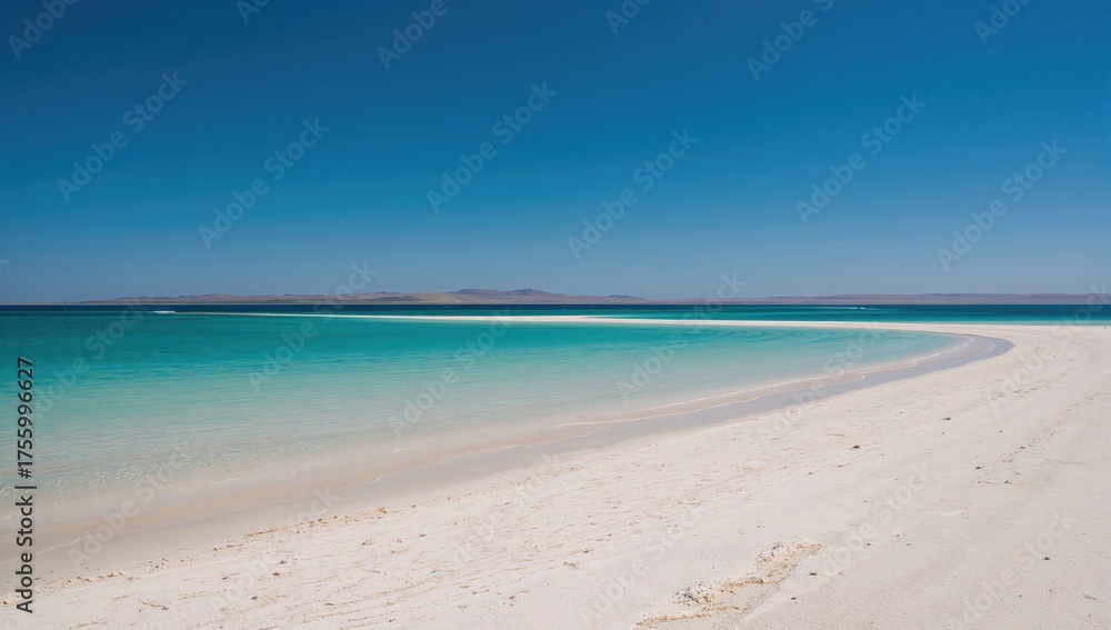 Fototapeta premium White clay shoreline beside clear blue lake under open sky with ample space for text