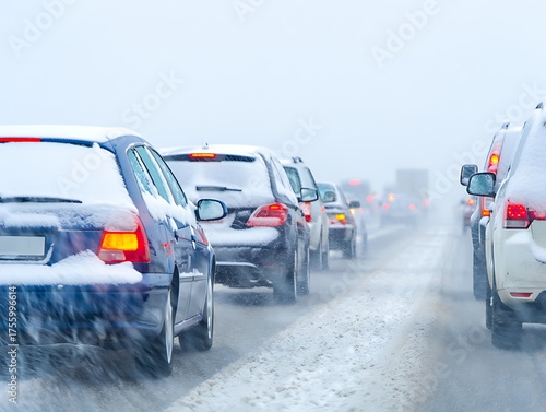 Heavy Winter Traffic Congestion Caused by Inclement Weather Conditions on Highway