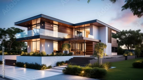 Wallpaper Mural Modern two-story house with sleek design, captured at eye-level angle. The video showcases glass panels, wooden accents, and ambient lighting. Live desktop wallpaper. Torontodigital.ca