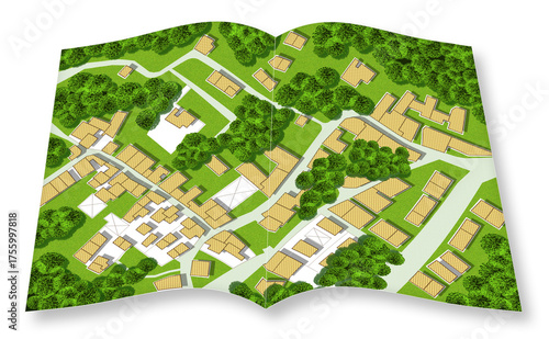 3D render of an opened photo book of an imaginary city map with residential buildings, roads, gardens green areas and trees - green city concept image