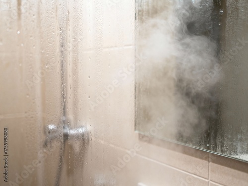 A bathroom mirror is covered in condensation and steam after a hot shower, blurring the reflection and surrounding fixtures.
