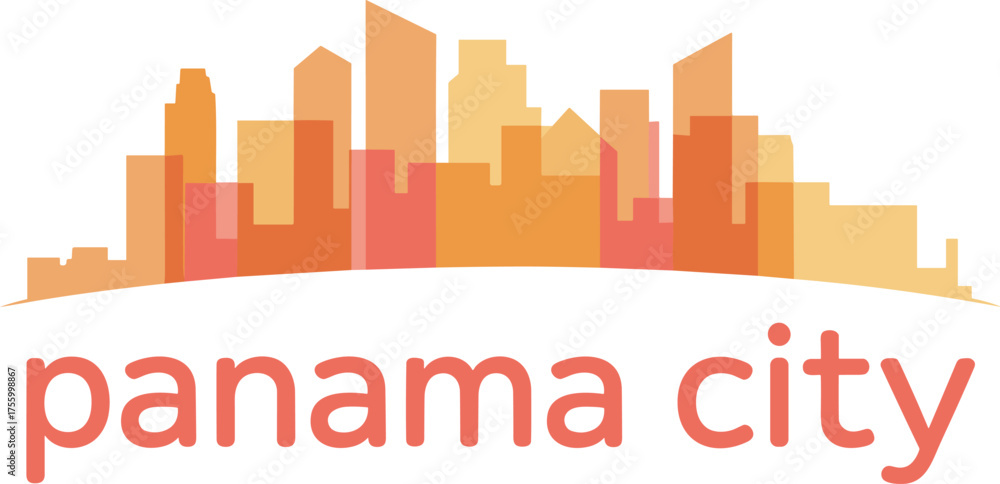 Fototapeta premium Minimalist vector design of Panama City skyline silhouette in warm gradient colors with modern typography and sunset background