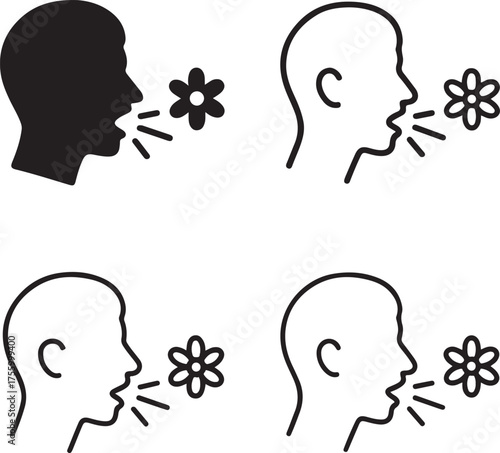 Isolated Allergy icon set, allergy health symbol, sneeze pollen icon, dust allergy, solid black line outline filled, thin stroke vector, modern minimal healthcare design