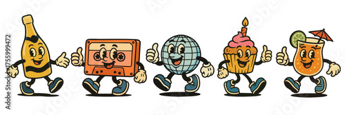 Vintage happy cartoon characters of cocktail, cake, disco ball, tape and champagne celebrating a party event