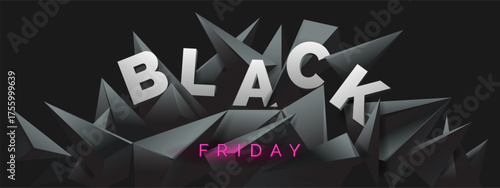 Black Friday banner with 3d render, abstract black crystal background, faceted texture, panorama, wide panoramic polygonal wallpaper, vector illustration.