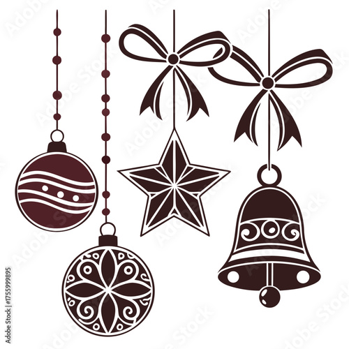 Decorative christmas ornaments including baubles stars and bells hanging with ribbons and beads isolated on white background
