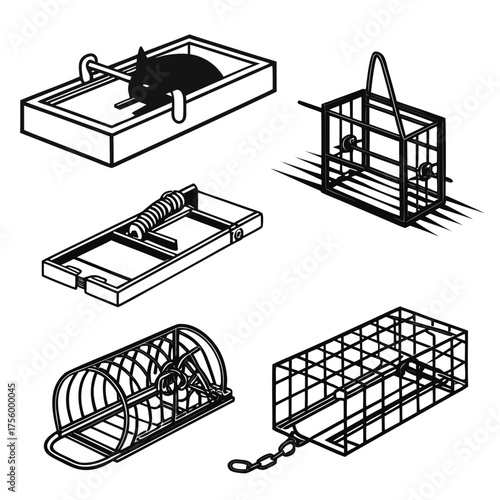 Collection of various pest control traps including a classic snap trap with a mouse and several wire cage traps for catching small animals