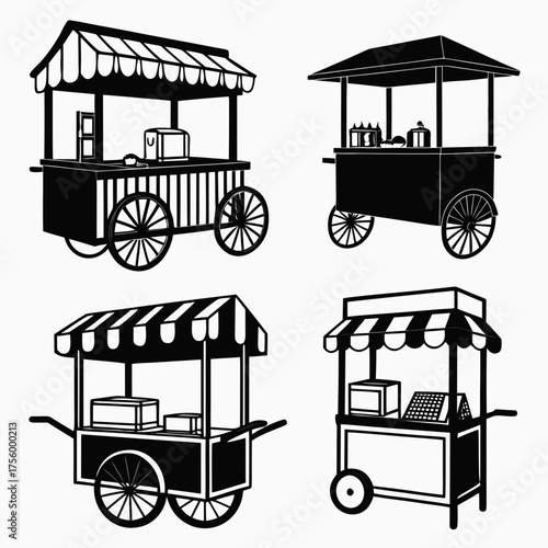 Collection of four black and white silhouette illustrations of various food carts with awnings and wheels