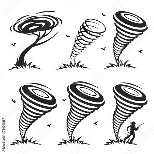 Collection of stylized black and white illustrations depicting tornadoes and a tree bending in the wind with birds and a cowboy running