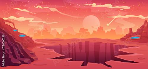 Space background alien fantastic landscape with rocks and a large crater, empty surface of the red planet Mars, cloudy sky and falling comet, computer game background, vector cartoon illustration.