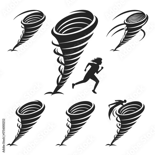 Collection of stylized black tornado icons and silhouettes representing danger and escape from natural disaster