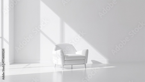 An all-white living space featuring just a single white armchair