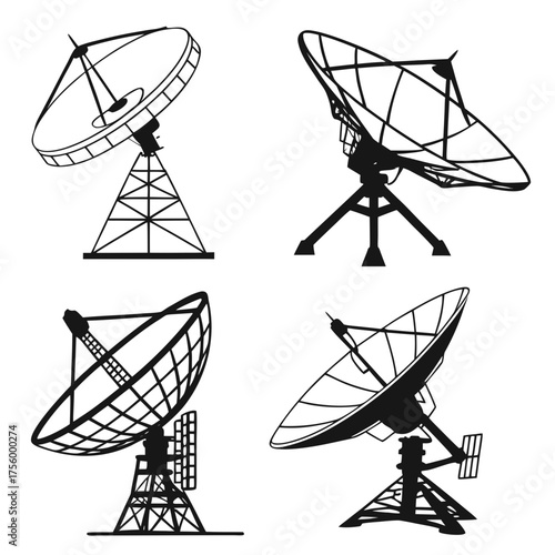 Collection of four distinct satellite dish antennas and radio telescopes depicted in silhouette and line art styles on a white background