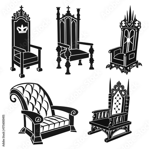 Collection of ornate black silhouette thrones and regal chairs representing power and authority in a classic design