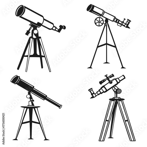 Collection of four distinct silhouette illustrations of astronomical telescopes on tripods showcasing different designs and mounting styles for stargazing and scientific observation
