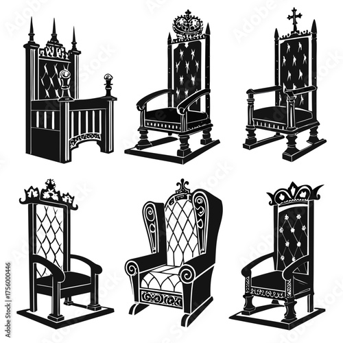 Collection of ornate royal thrones and regal chairs in silhouette symbolizing power and authority
