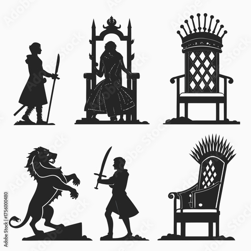 Collection of silhouetted figures and thrones representing power royalty and conflict