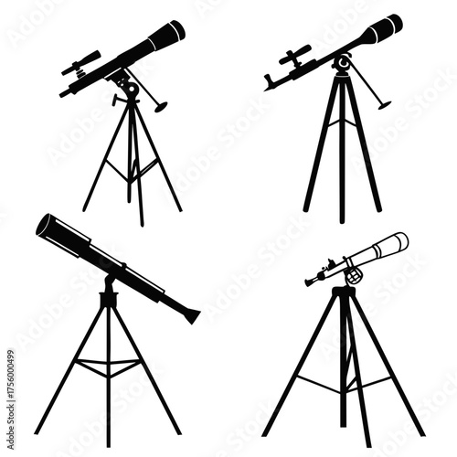 Collection of four black silhouette illustrations of telescopes mounted on tripods against a white background representing astronomical observation and exploration