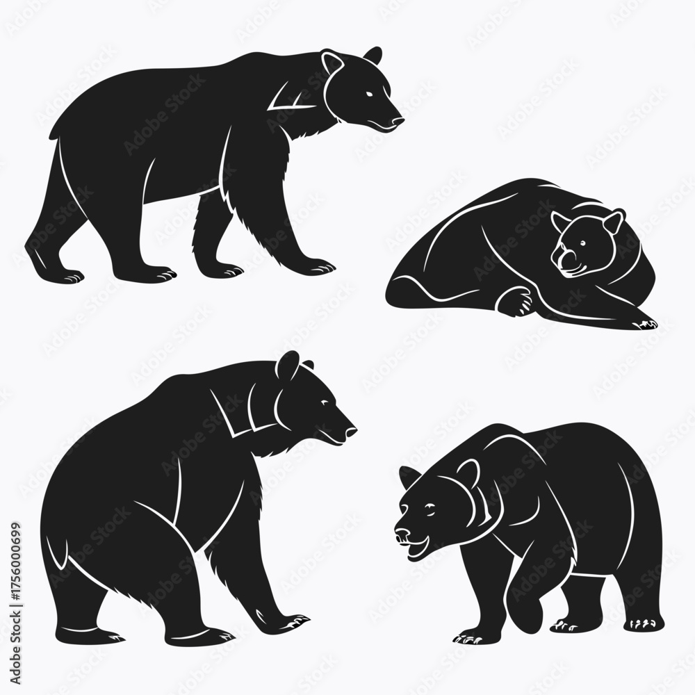 Fototapeta premium Collection of stylized black bear silhouettes in various poses including standing walking and resting on a white background