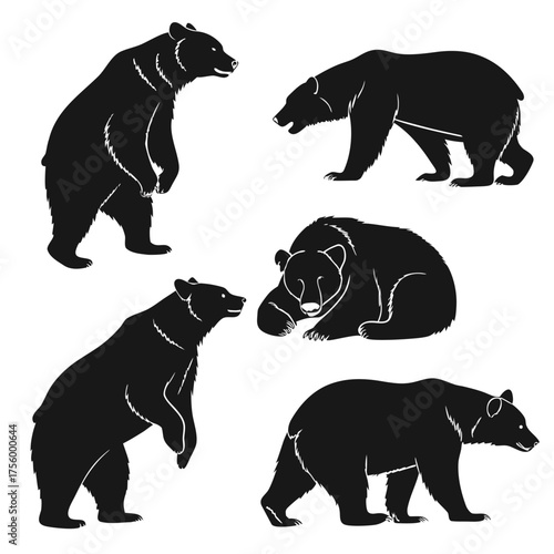 Collection of black bear silhouettes in various poses including standing walking and lying down on a white background