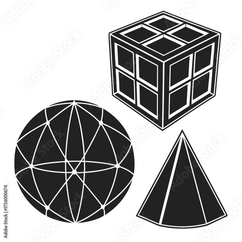 A collection of geometric shapes including a sphere with a grid a cube with internal divisions and a pyramid on a white background