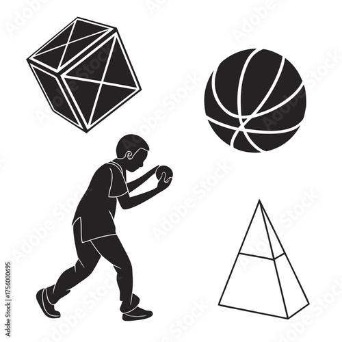 Silhouette of a boy holding a ball with a basketball a geometric shape and a pyramid in the background on a white background
