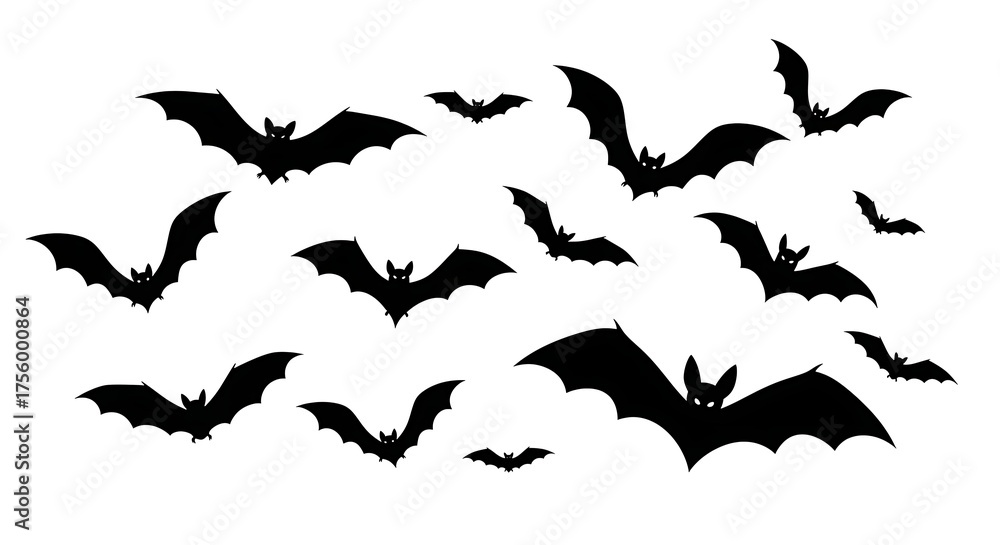 Naklejka premium A Flock of Silhouetted Bats Flying in the Night Sky.