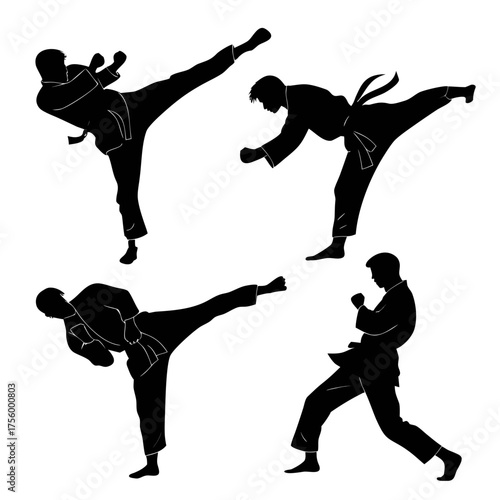 Dynamic silhouettes of martial artists performing karate kicks and punches in action poses