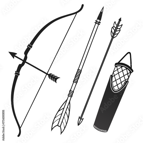 A collection of archery equipment including a bow and arrows a spear and a quiver presented as a black silhouette on a white background