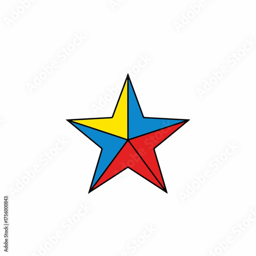 Colorful star on white background with yellow, blue, and red segments creates vibrant presentation, diseño de estrella crea una estética lúdica, ideal para muchos proyectos creativos.