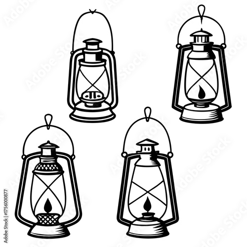 Collection of four distinct black and white line art illustrations of vintage kerosene lanterns with glowing flames