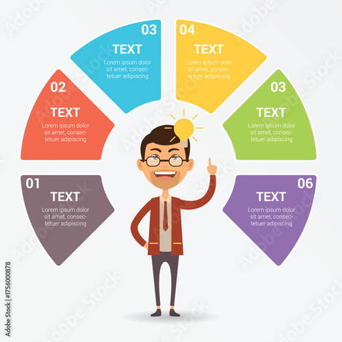 Business man presenting a colorful hexagonal infographic with six steps and icons for data visualization and presentation