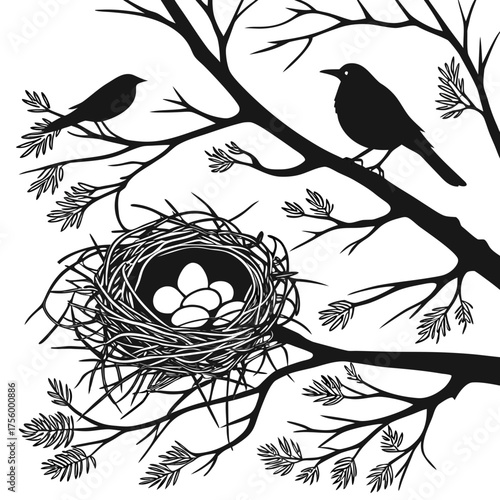 Silhouette of birds perched on tree branches with a nest containing eggs on a white background