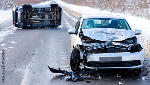 Car crash on icy road with vehicle overturned in winter