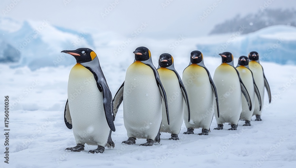 Fototapeta premium Adorable Emperor Penguins Strolling Amid Snowfall