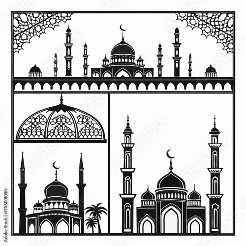Collection of islamic architectural elements featuring mosques minarets domes and decorative patterns in black silhouette on a white background